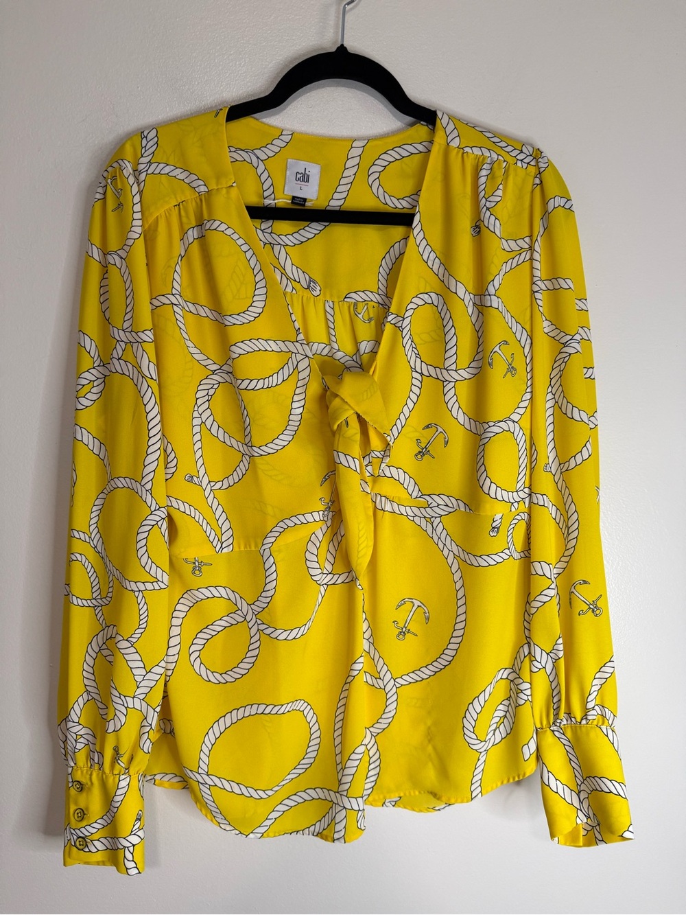 CAbi Yellow Rope-Print Tie-Front Blouse in size large